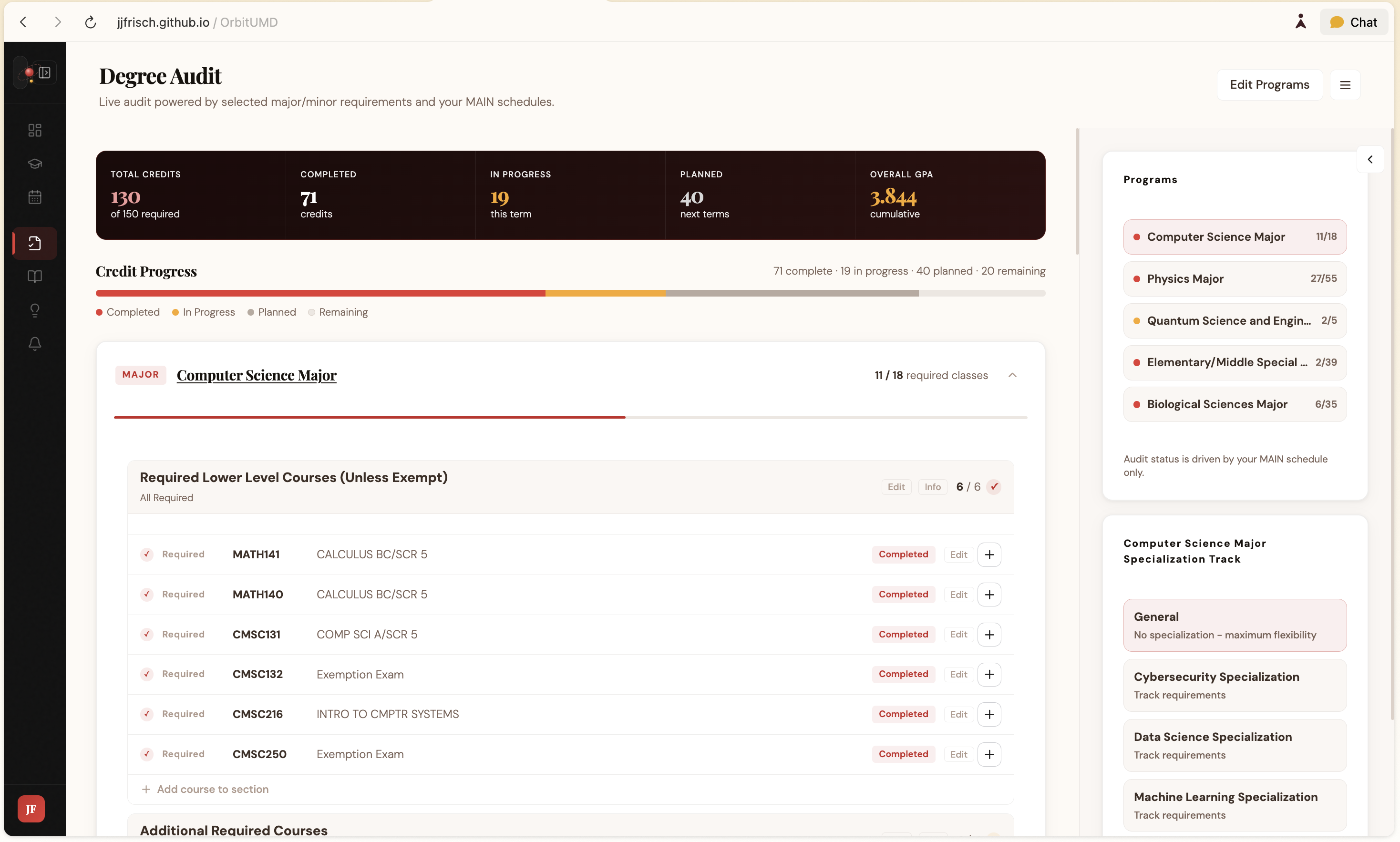 Degree Audit page showing CS Major, Physics Major, Quantum Minor, and Biological Sciences Major progress with per-requirement completion