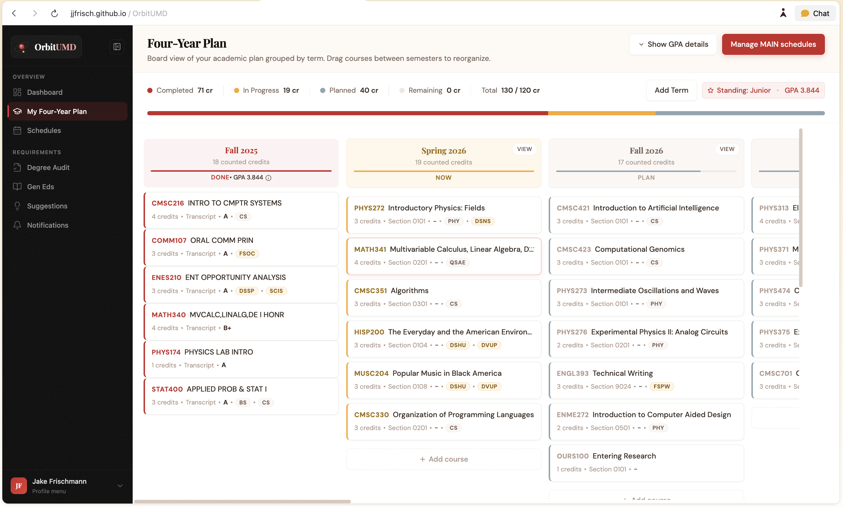 Four-Year Plan kanban board with color-coded courses across Fall 2025 through Spring 2026, each tagged with the programs they satisfy
