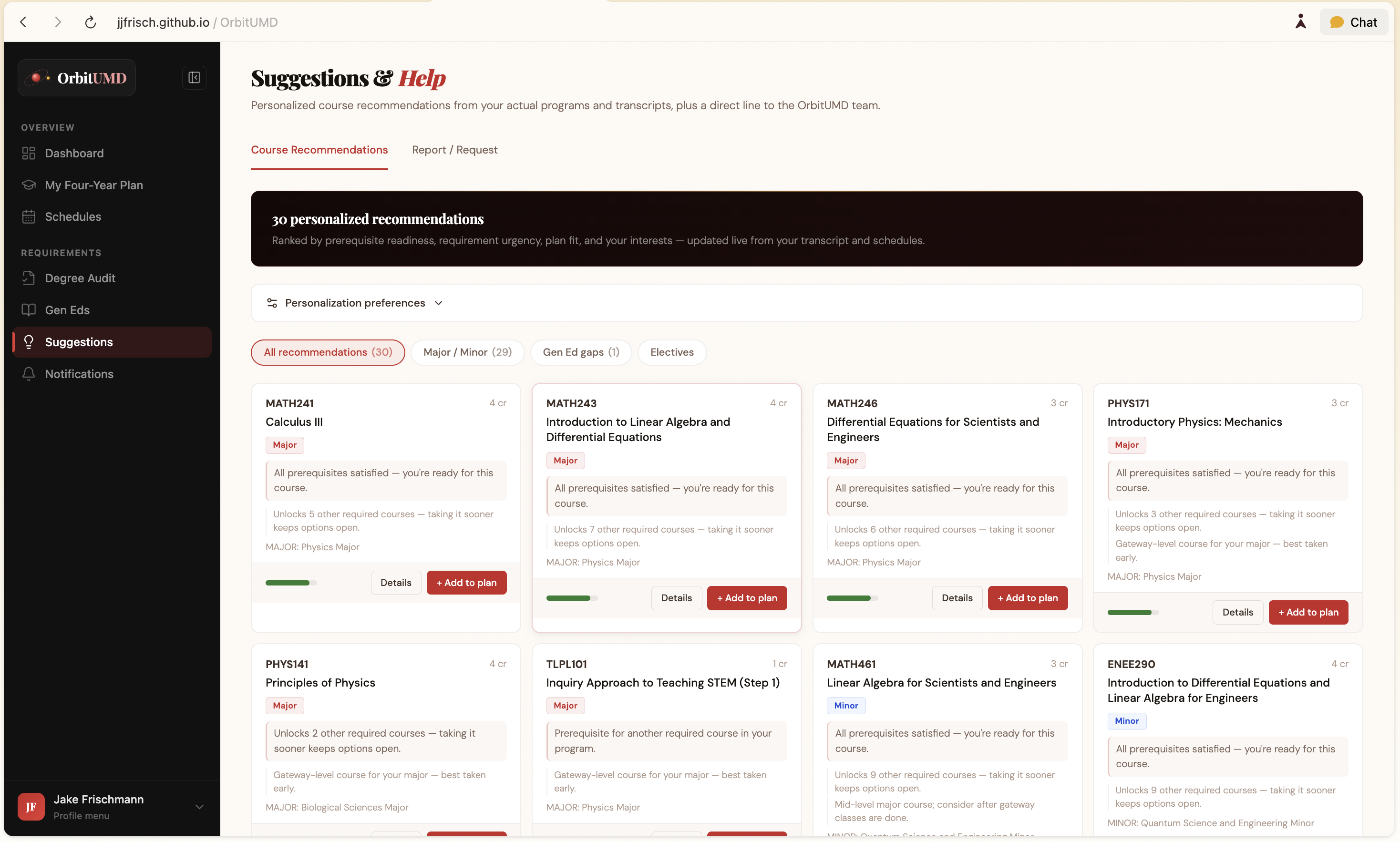 Suggestions page with 30 personalized course recommendations ranked by prerequisite readiness, requirement urgency, and plan fit