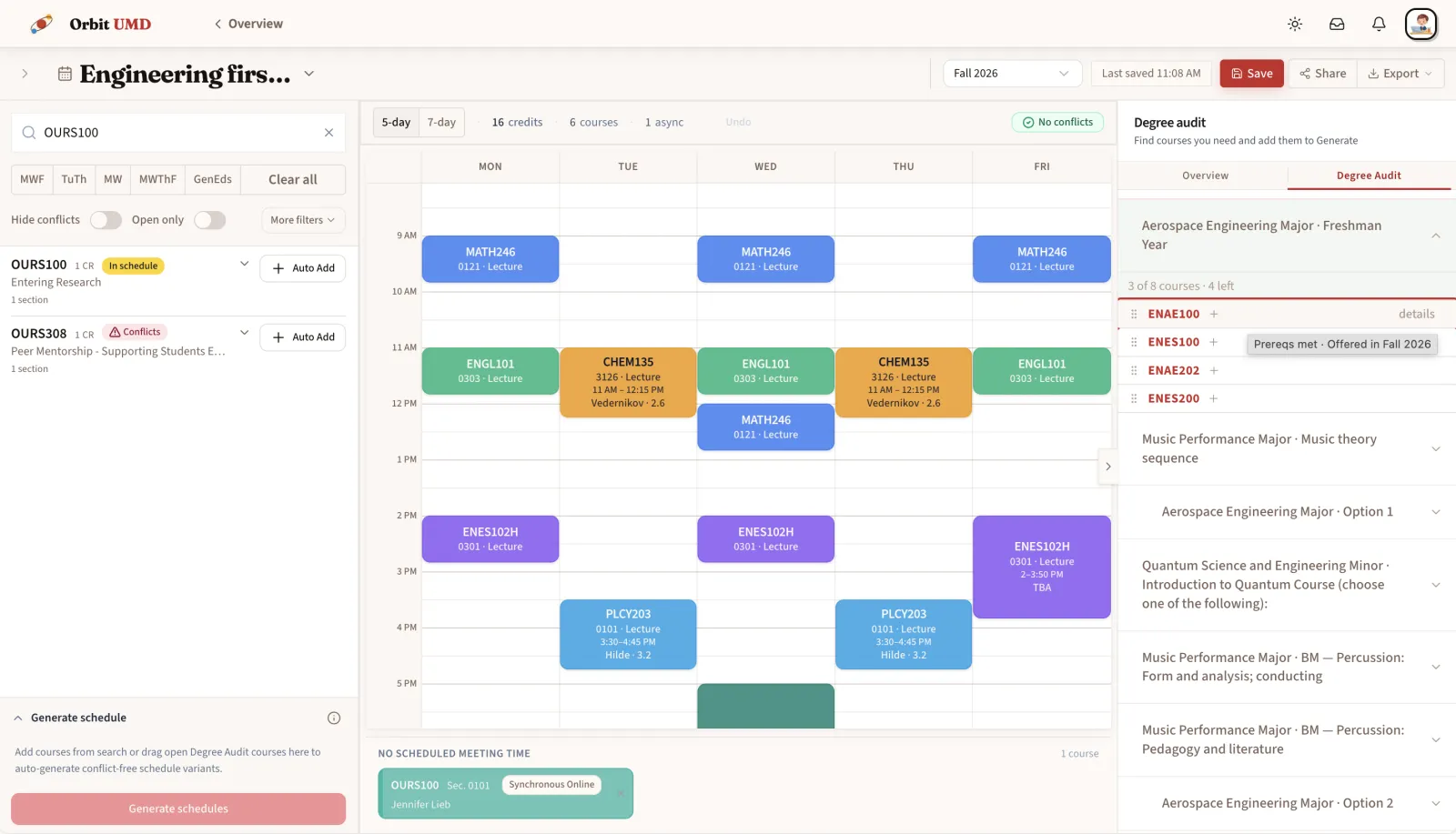 Orbit desktop schedule with the degree-audit tab open